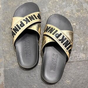 PINK Victoria's Secret Black and Gold Slide Sandals